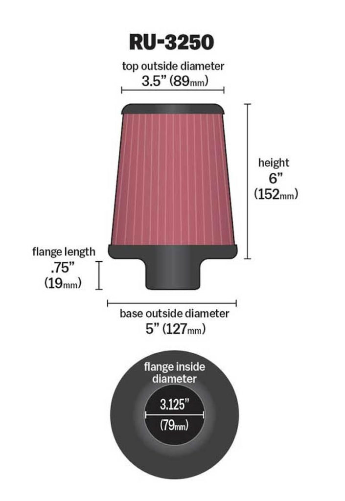 K&N Universal Tapered Filter 3.125in Flange ID x 5in Base OD x 3.5in Top OD x 6in Height - Corvette Realm