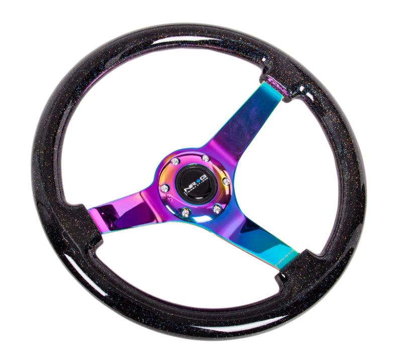 NRG Reinforced Steering Wheel (350mm / 3in. Deep) Classic Blk Sparkle w/4mm Neochrome 3-Spoke Center - Corvette Realm