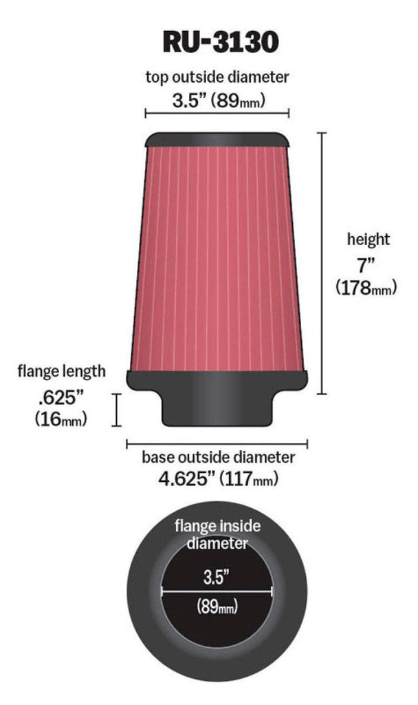 K&N Filter Universal Rubber Filter 3 1/2 inch Flange 4 5/8 inch Base 3 1/2 inch Top 7 inch Height - Corvette Realm