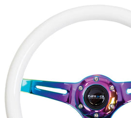NRG Classic Wood Grain Steering Wheel (350mm) Glow-N-The-Dark Green Grip w/Neochrome 3-Spoke Center - Corvette Realm