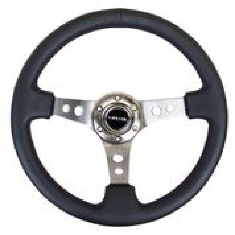 NRG Reinforced Steering Wheel (350mm / 3in. Deep) Blk Leather w/Gunmetal Circle Cutout Spokes - Corvette Realm