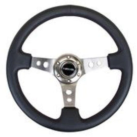 NRG Reinforced Steering Wheel (350mm / 3in. Deep) Blk Leather w/Gunmetal Circle Cutout Spokes - Corvette Realm