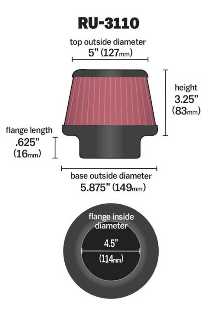 K&N Universal Rubber Filter Round Tapered 4.5in Flange ID x 5.875 Base OD x 5in Top OD x 3.25in H - Corvette Realm