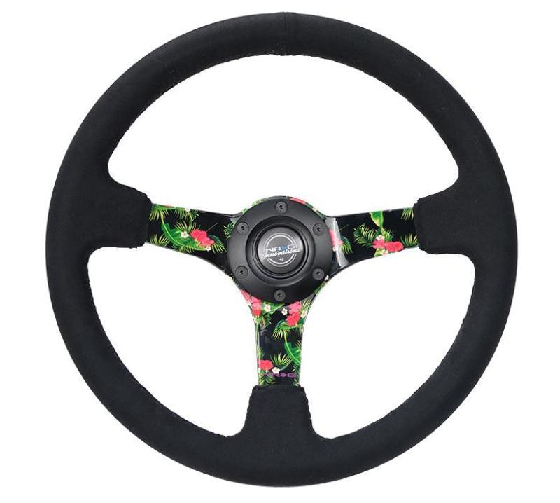 NRG Reinforced Steering Wheel (350mm / 3in. Deep) Black Suede w/ 5mm Floral 3-Spoke Center - Corvette Realm