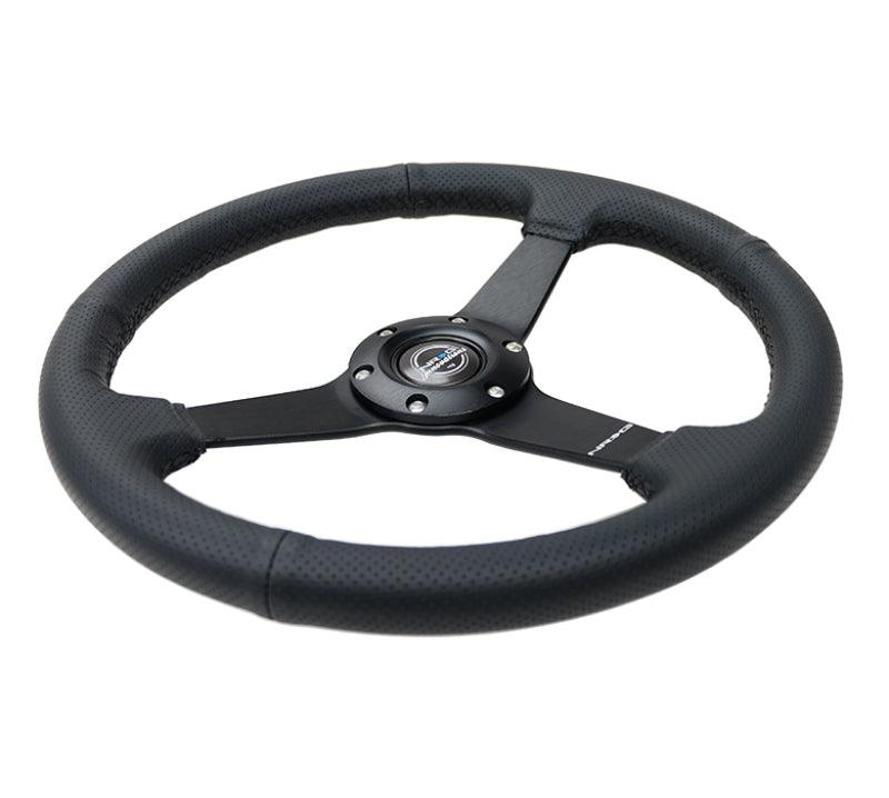 NRG Sport Steering Wheel (350mm / 1.5in Deep) Black Leather Black Stitch w/Matte Black Solid Spokes - Corvette Realm