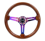 NRG Reinforced Steering Wheel (350mm / 3in. Deep) Brown Wood w/Blk Matte Spoke/Neochrome Center Mark