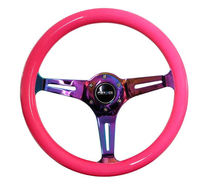 NRG Classic Wood Grain Steering Wheel (350mm) Neon Pink Painted Grip w/Neochrome 3-Spoke Center - Corvette Realm