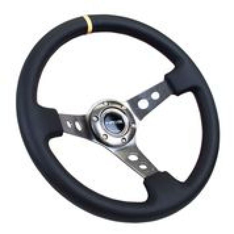 NRG Reinforced Steering Wheel (350mm / 3in. Deep) Blk Leather w/Gunmetal Cutout Spoke & Yellow CM - Corvette Realm