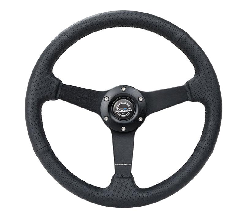 NRG Sport Steering Wheel (350mm / 1.5in Deep) Black Leather Black Stitch w/Matte Black Solid Spokes - Corvette Realm