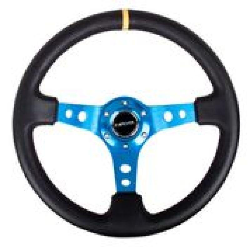 NRG Reinforced Steering Wheel (350mm / 3in. Deep) Blk Leather w/Blue Cutout Spoke & Single Yellow CM - Corvette Realm