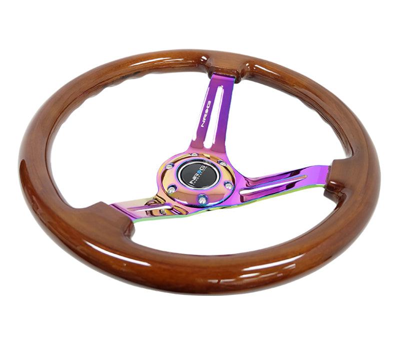 NRG Reinforced Steering Wheel (350mm / 3in. Deep) Brown Wood w/Blk Matte Spoke/Neochrome Center Mark - Corvette Realm