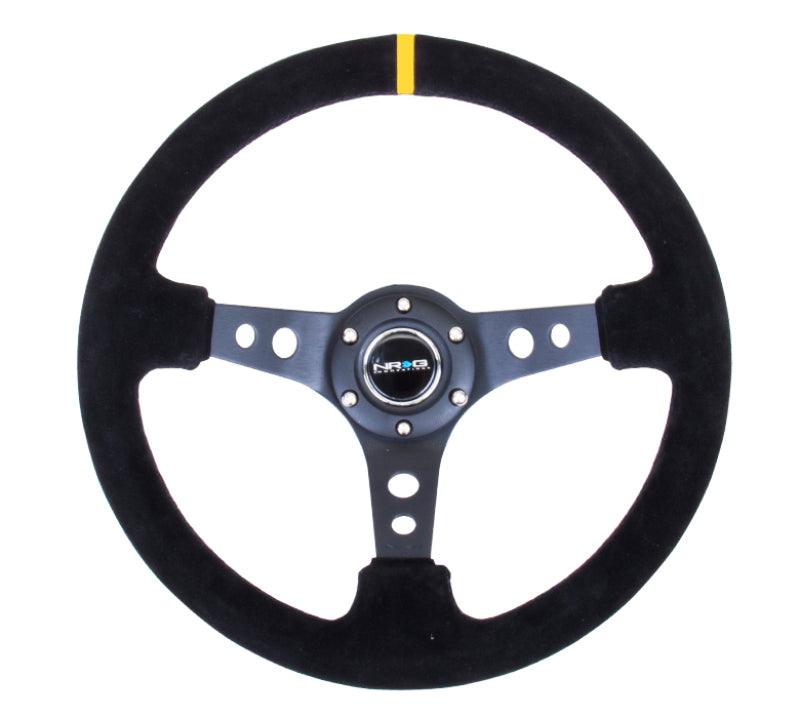 NRG Reinforced Steering Wheel (350mm / 3in. Deep) Blk Suede w/Circle Cut Spokes & Single Yellow CM - Corvette Realm