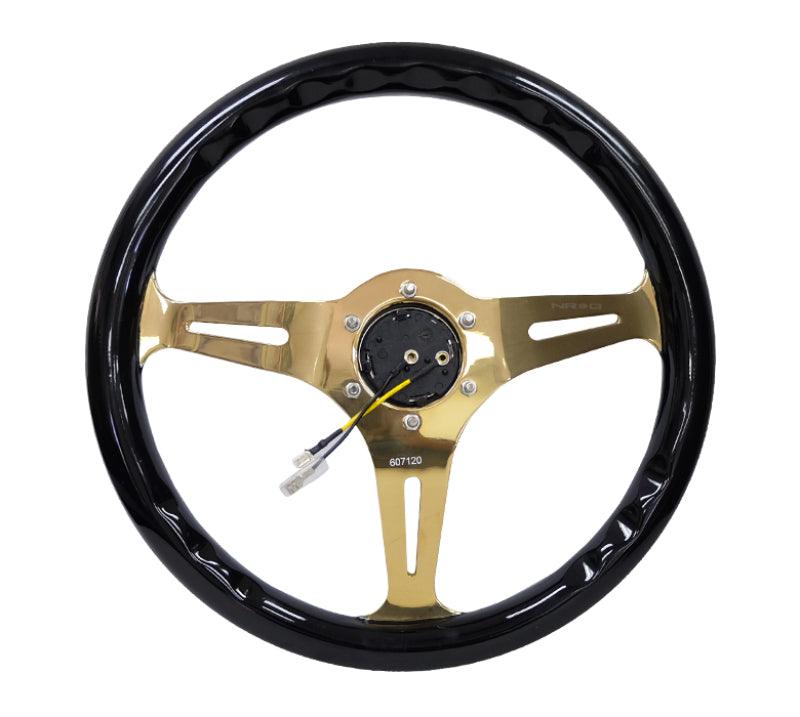 NRG Classic Wood Grain Steering Wheel (350mm) Black Grip w/Chrome Gold 3-Spoke Center - Corvette Realm