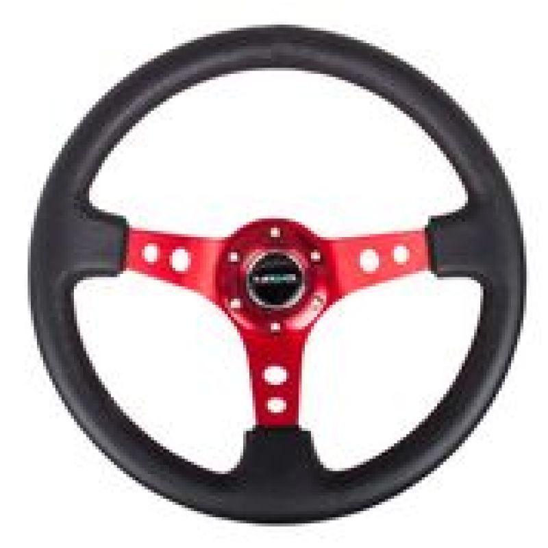 NRG Reinforced Steering Wheel (350mm / 3in. Deep) Blk Leather w/Red Circle Cutout Spokes - Corvette Realm