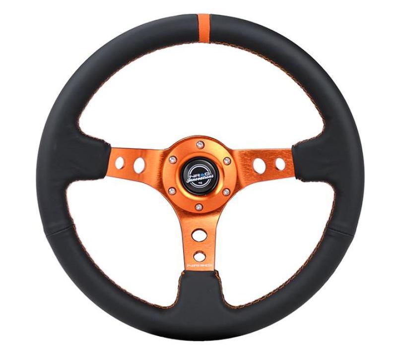 NRG Reinforce Steering Wheel (350mm / 3in. Deep) Blk Leather, Orange Center Mark w/ Orange Stitching - Corvette Realm