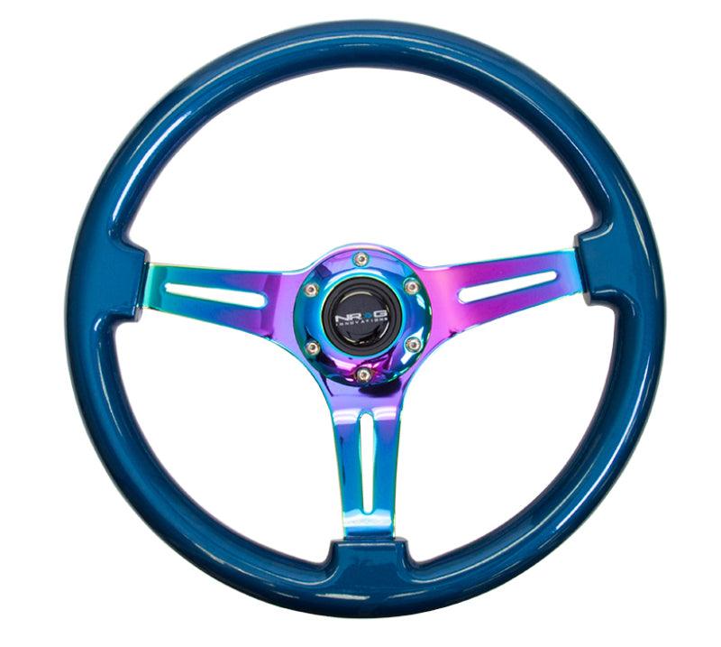 NRG Classic Wood Grain Steering Wheel (350mm) Blue Pearl/Flake Paint w/Neochrome 3-Spoke Center - Corvette Realm