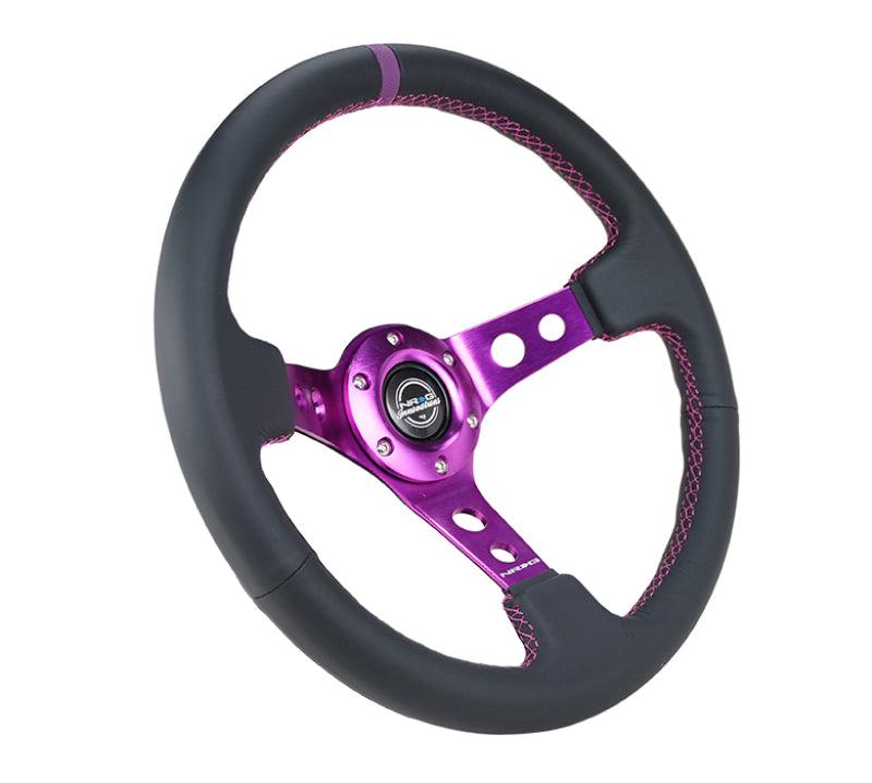 NRG Reinforced Steering Wheel (350mm / 3in. Deep) Black Leather w/Purple Center & Purple Stitching - Corvette Realm