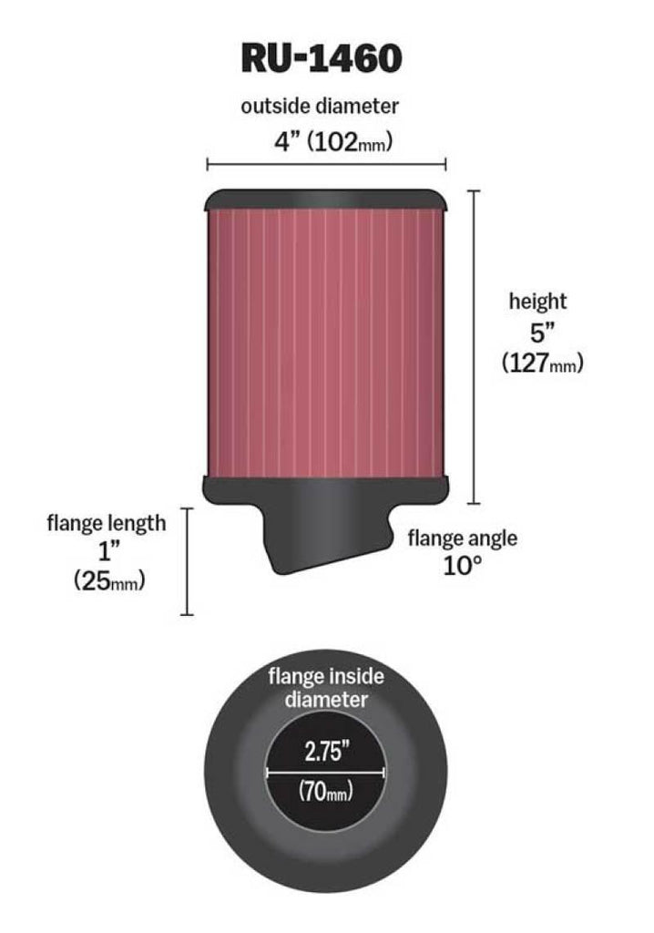 K&N Filter Universal Rubber Filter 2 3/4 inch 10 Degree Flange 4 inch OD 5 inch Height - Corvette Realm