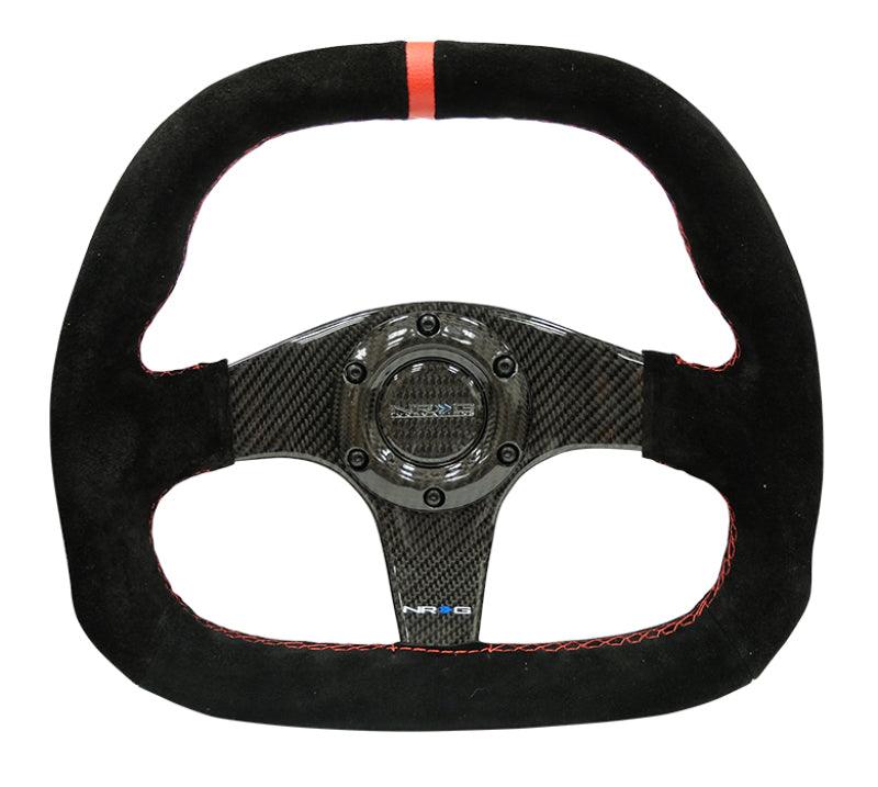 NRG Carbon Fiber Steering Wheel (320mm) Flat Btm. Blk Suede/Red Stitch w/CF Spokes & Red Center Mark - Corvette Realm