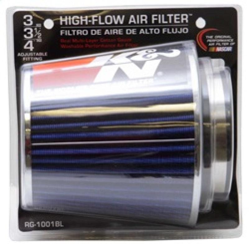 K&N Universal Air Filter Chrome Round Tapered Blue - 4in Flange ID x 1.125in Flange Length x 5.5in H - Corvette Realm