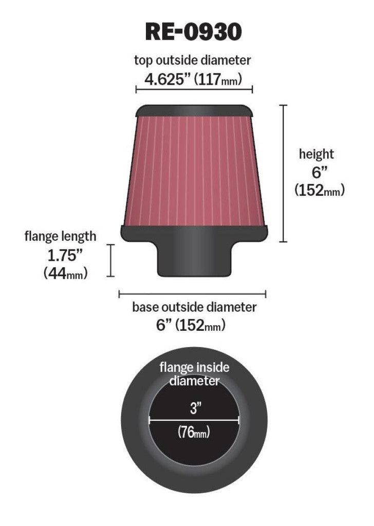 K&N Universal Rubber Filter - Round Tapered 6in Base OD x 3in Flange ID x 6in H - Corvette Realm