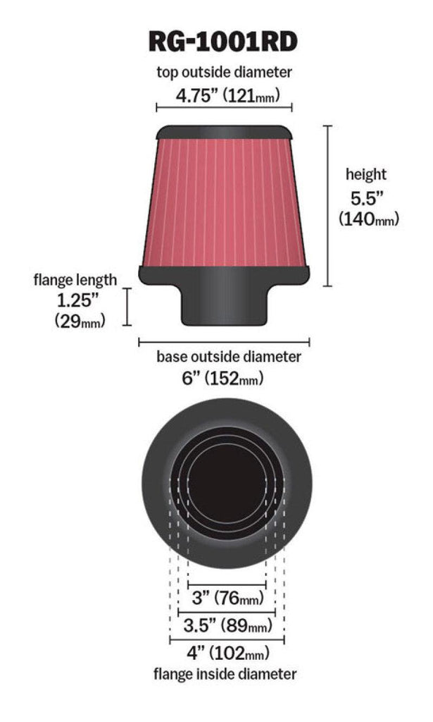 K&N Universal Air Filter Chrome Round Tapered Red - 4in Flange ID x 1.125in Flange Length x 5.5in H - Corvette Realm