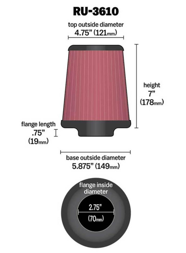 K&N Universal Rubber Filter 2.75in Flange ID x 5.875in Base OD x 4.75in Top OD x 7in Height - Corvette Realm