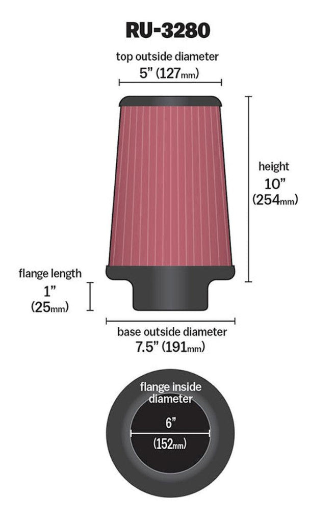 K&N Filter Universal Rubber Filter 6 inch Flange 7.5 inch Base 5 inch Top 10 inch Height - Corvette Realm