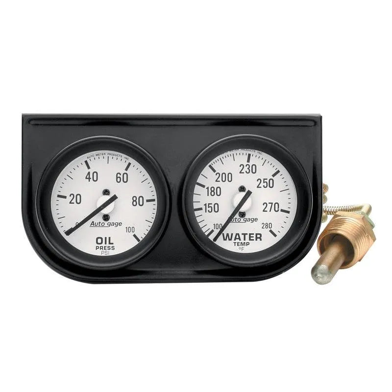 Autometer AutoGage Two-Gauge Console 2-1/16in Mech 0-100 PSI Oil Press/100-280 Deg Water Temp-Black - Corvette Realm