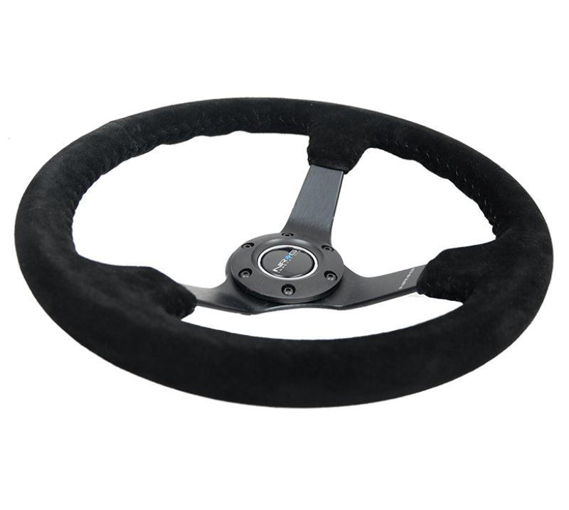 NRG Reinforced Steering Wheel (350mm / 3in. Deep) Blk Suede/Blk Bball Stitch w/5mm Matte Black Spoke - Corvette Realm