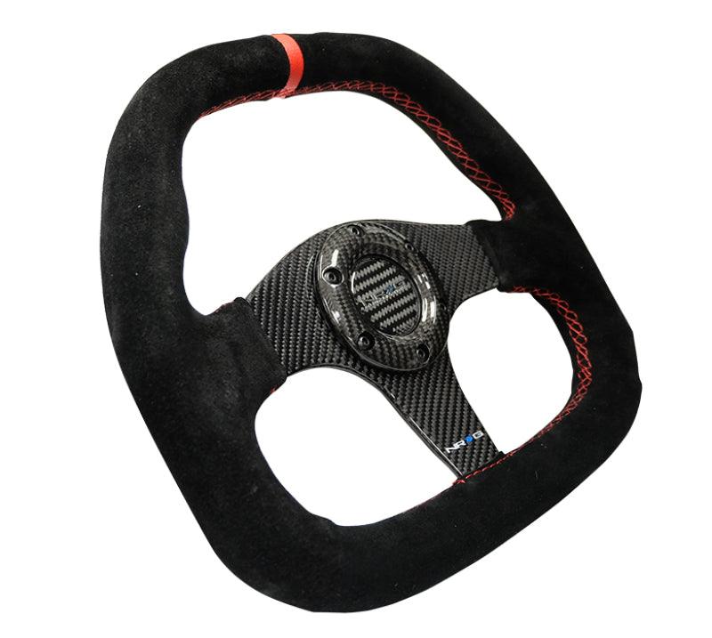 NRG Carbon Fiber Steering Wheel (320mm) Flat Btm. Blk Suede/Red Stitch w/CF Spokes & Red Center Mark - Corvette Realm