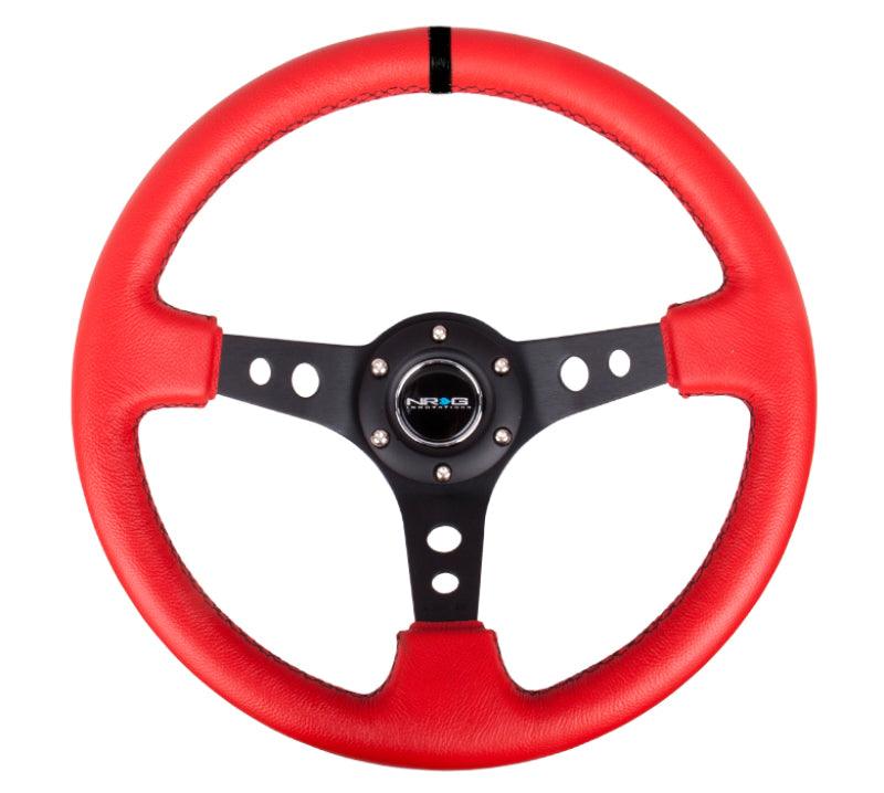 NRG Reinforced Steering Wheel (350mm / 3in. Deep) Red Suede w/Blk Circle Cutout Spokes - Corvette Realm