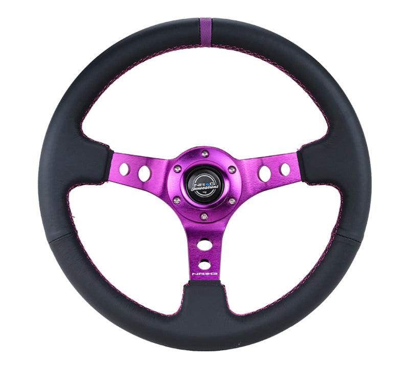 NRG Reinforced Steering Wheel (350mm / 3in. Deep) Black Leather w/Purple Center & Purple Stitching - Corvette Realm