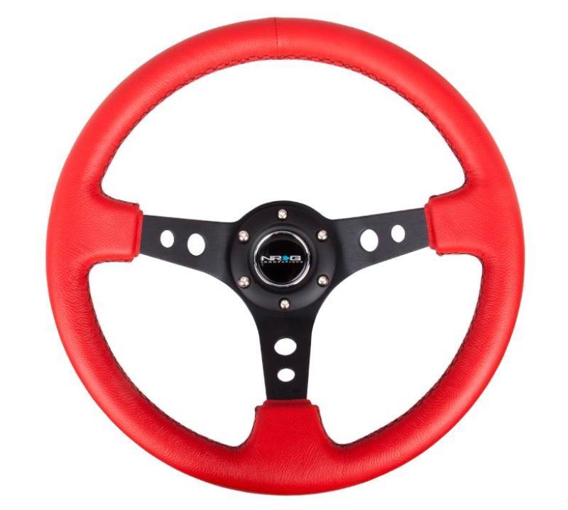 NRG Reinforced Steering Wheel (350mm / 3in. Deep) Red Leather/Blk Stitch w/Blk Spokes (Hole Cutouts) - Corvette Realm