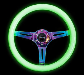 NRG Classic Wood Grain Steering Wheel (350mm) Glow-N-The-Dark Green Grip w/Neochrome 3-Spoke Center - Corvette Realm