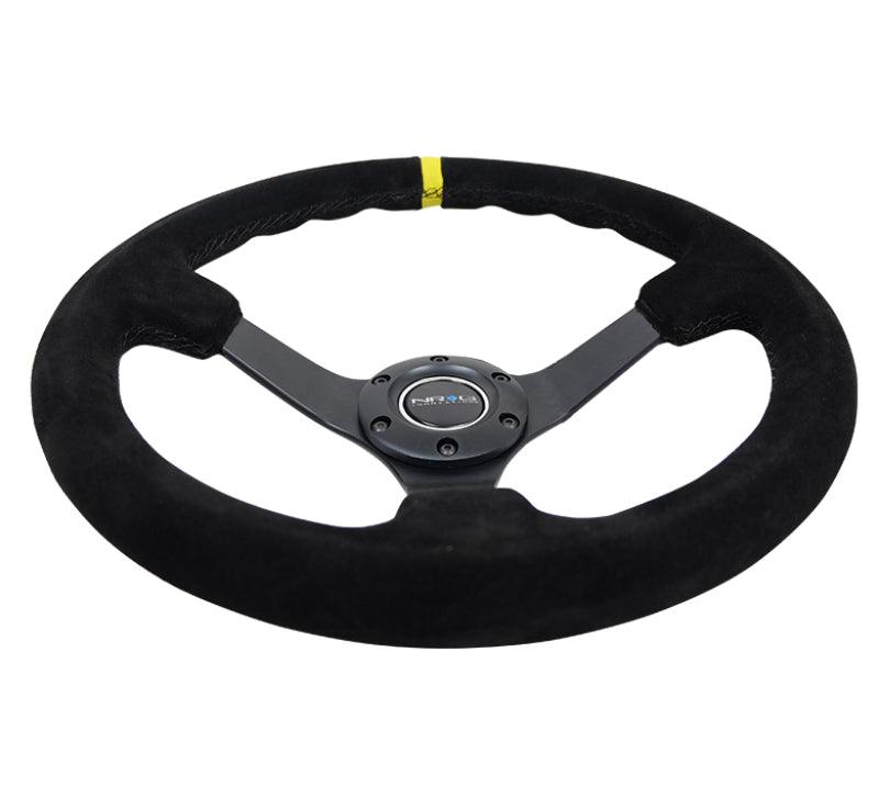 NRG Reinforced Steering Wheel (350mm / 3in. Deep) Blk Suede/X-Stitch w/5mm Blk Spoke & Yellow CM - Corvette Realm