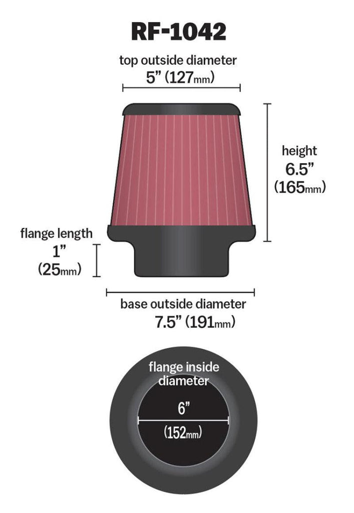 K&N Round Tapered Universal Air Filter 6in Flange ID x 7.5in Base OD x 5in Top OD x 6.5in Height - Corvette Realm