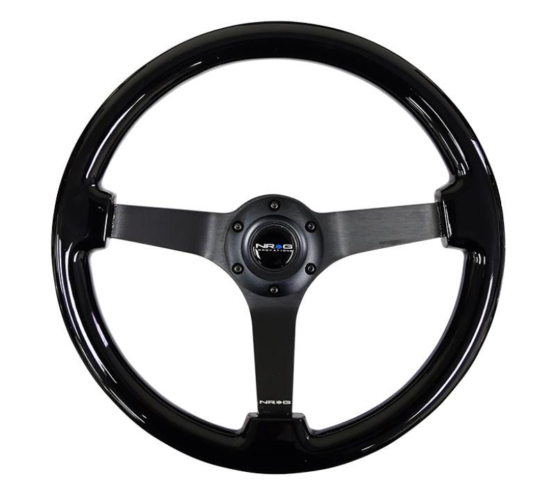 NRG Reinforced Steering Wheel (350mm / 3in. Deep) Black w/Black Chrome Solid 3-Spoke Center - Corvette Realm