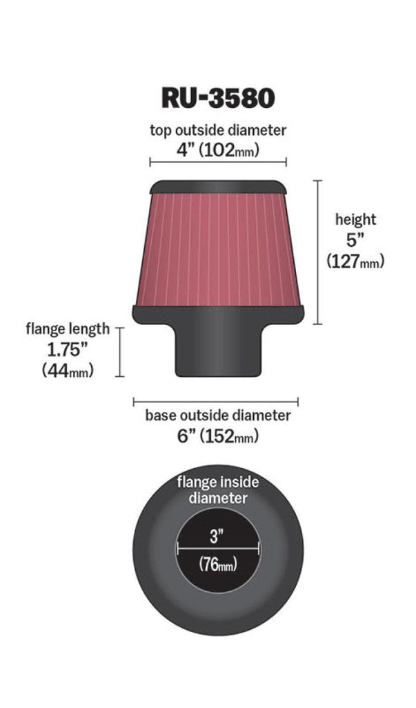 K&N Filter Universal Rubber Filter 3 Inch Flange 6 inch Base 4 inch Top 5 inch Height - Corvette Realm