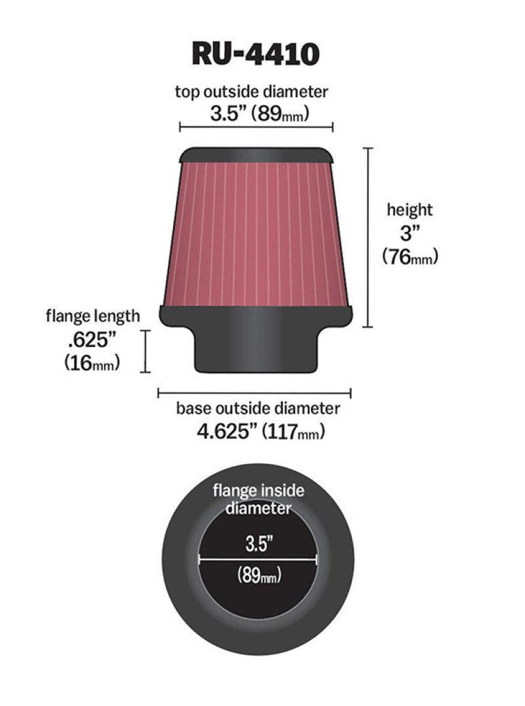 K&N Filter Universal Rubber Filter 3 1/2 inch Flange 4 5/8 inch Base 3 1/2 inch Top 3 inch Height - Corvette Realm