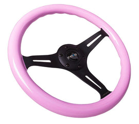NRG Classic Wood Grain Steering Wheel (350mm) Solid Pink Painted Grip w/Black 3-Spoke Center - Corvette Realm