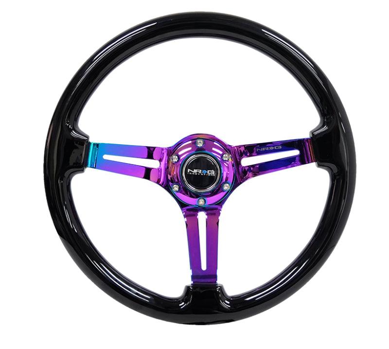 NRG Reinforced Steering Wheel (350mm / 3in. Deep) Blk Wood w/Blk Matte Spoke/Neochrome Center Mark - Corvette Realm