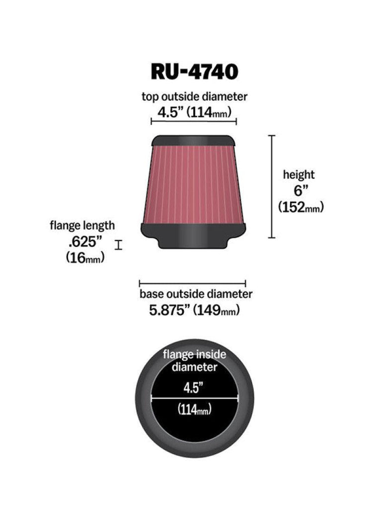 K&N Filter Universal Rubber Filter Round Tapered 4.5in Flange 5.875in Base 4.5 inch Top 6in Height - Corvette Realm