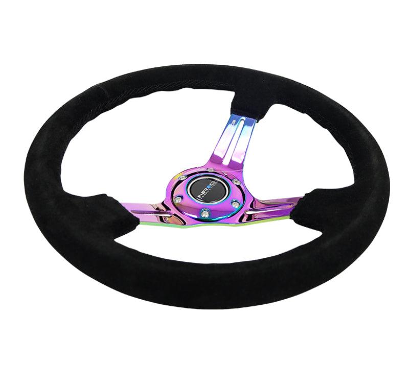 NRG Reinforced Steering Wheel (350mm / 3in. Deep) Blk Suede/Blk Stitch w/Neochrome Slits - Corvette Realm