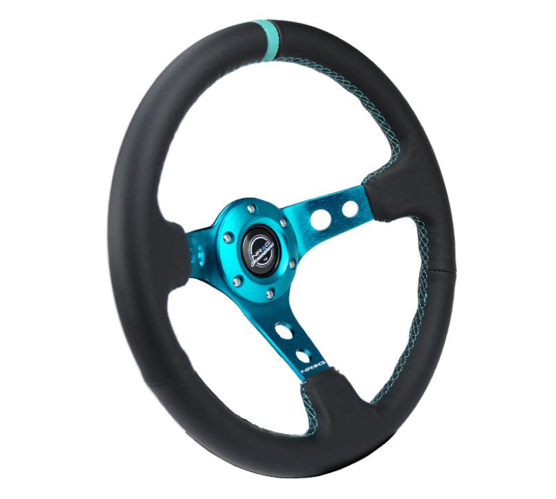 NRG Reinforce Steering Wheel (350mm / 3in. Deep) Blk Leather, Teal Center Mark w/ Teal Stitching - Corvette Realm