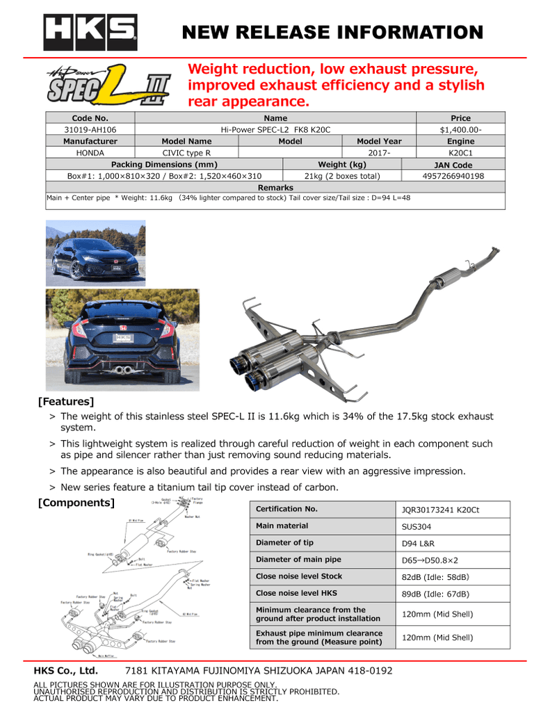 HKS Hi-Power Muffler SPEC-L2 FK8 K20C - Corvette Realm