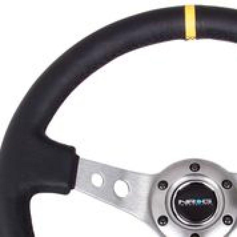 NRG Reinforced Steering Wheel (350mm / 3in. Deep) Blk Leather w/Gunmetal Cutout Spoke & Yellow CM - Corvette Realm