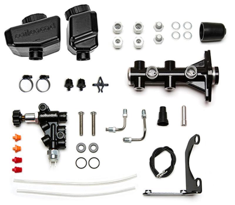 Wilwood Remote Tandem M/C Kit w/Brkt and Valve - 1.12in Bore Black - Corvette Realm