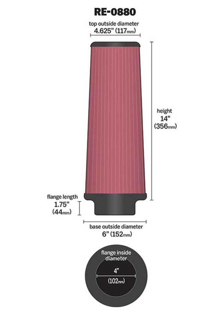 K&N Universal Rubber Filter 4inch FLG / 6inch OD-B / 4-5/8inch OD-T / 14inch H - Corvette Realm