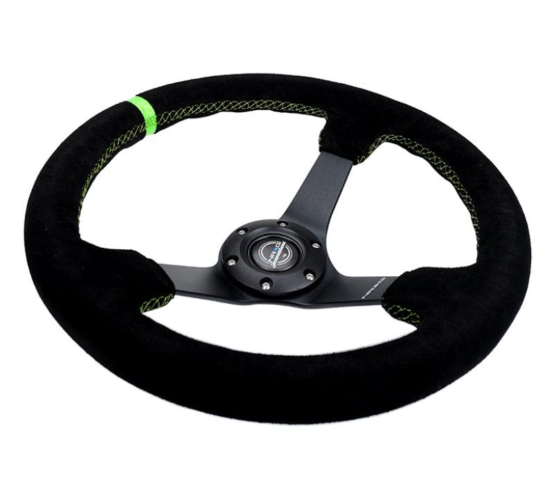 NRG Reinforced Steering Wheel 350mm/3in. Deep Blk Suede/ Neon Green Stitch w/5mm Matte Black Spoke - Corvette Realm